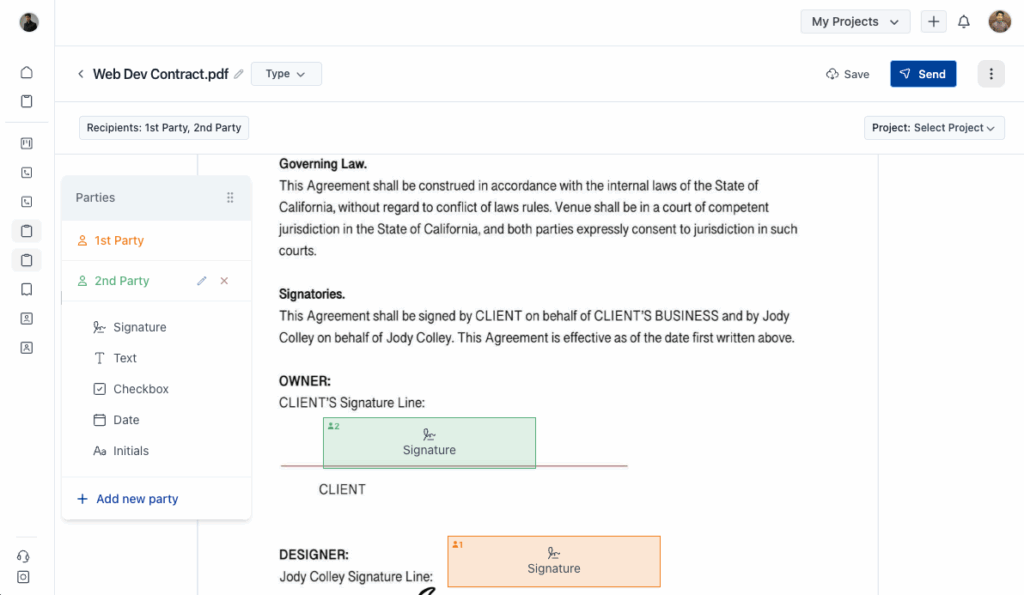 OneSuite contract editor interface with tools for adding signature fields and assigning parties to a document.